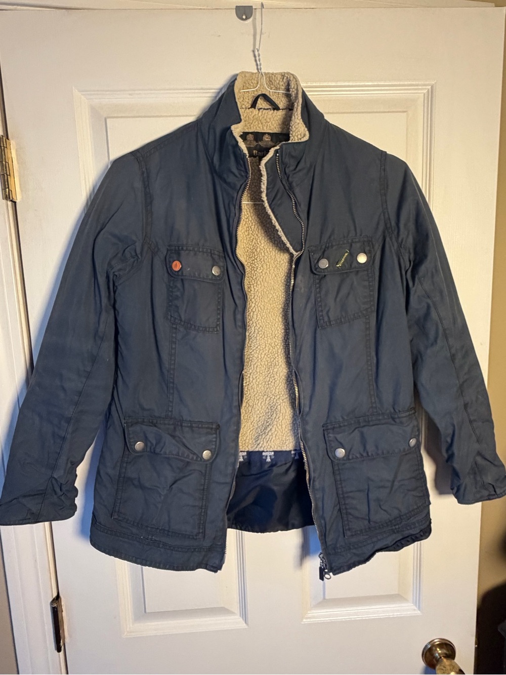 Barbour Howman Waxed Cotton Jacket Navy Blue Sherpa Lined Womens UK 10 US 6